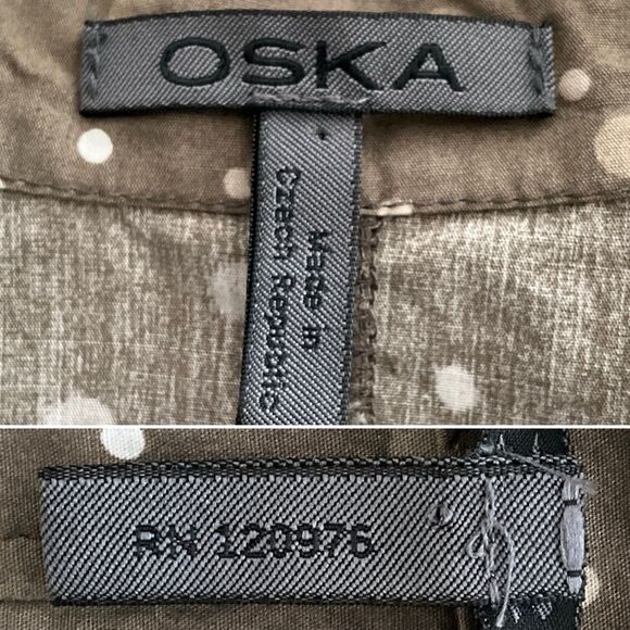 Oska Lagenlook Green Polka Dot Dress Split Collar Minimalist Pockets - Picture 4 of 13